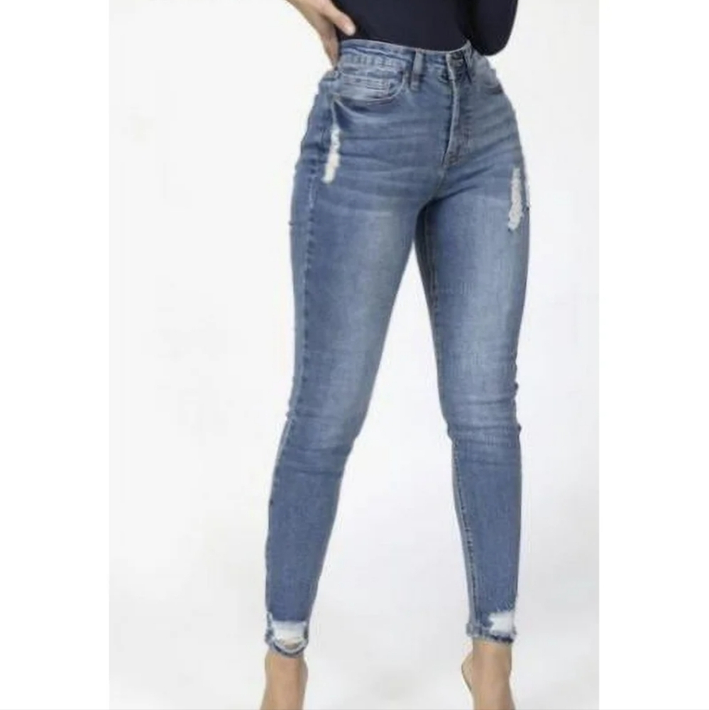 Skinny Fries Destructed Hem Skinny Medium Wash Ankle Jeans Size 13 Juniors